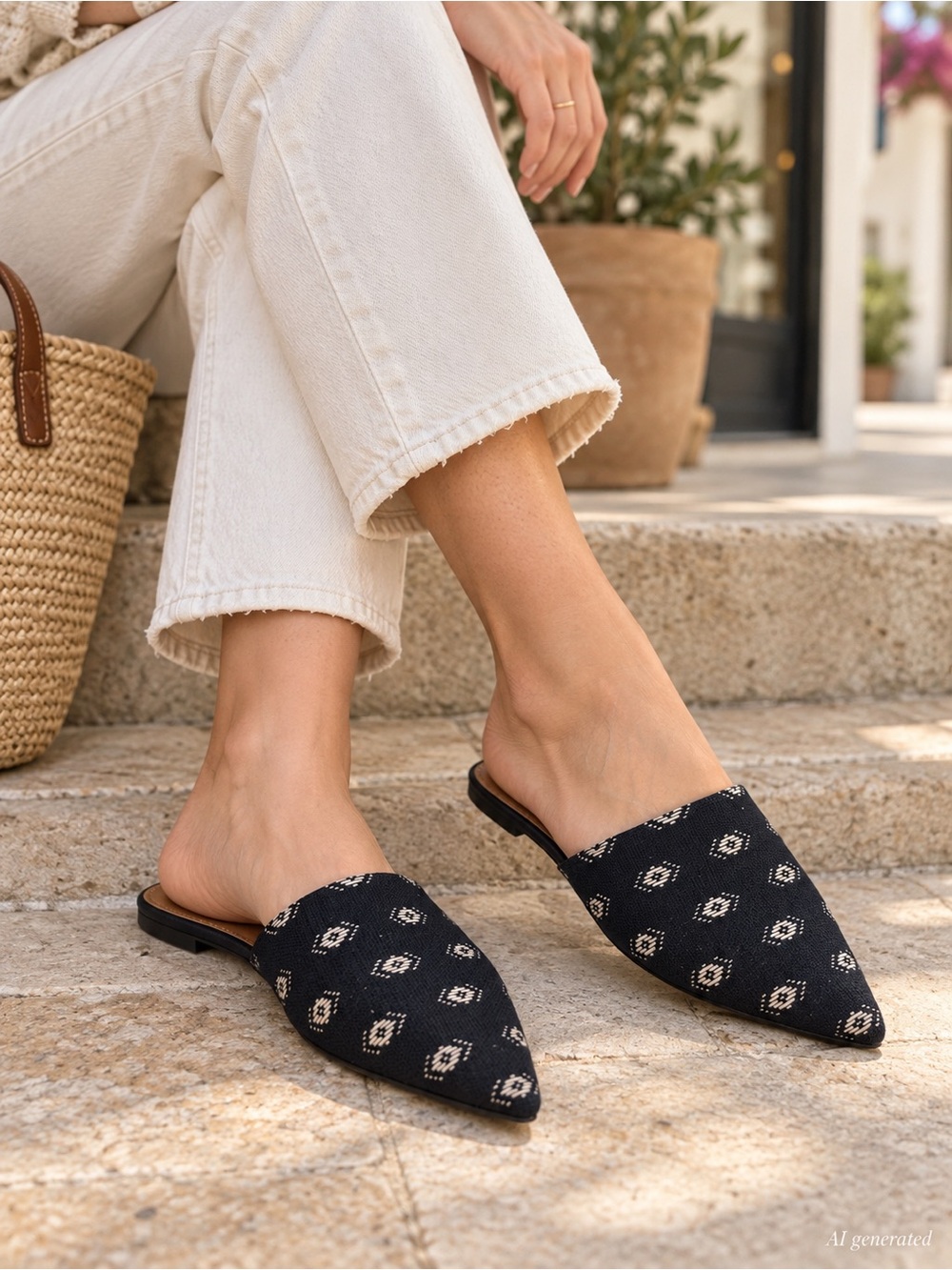 Madewell Pointed Toe Woven Slide Mules Black Ivory Textile Leather Sole size 9